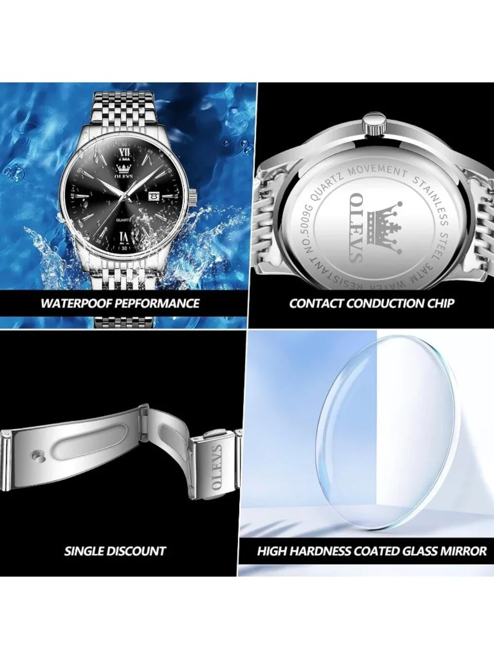 Men's Silver Black Big Dial Analog Quartz Stainless Relojes Waterproof Watch